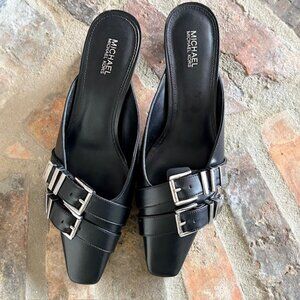 MICHAEL KORS Womens Black Leather Darrington Kitten‎ Mule Heels 7.5M NEW